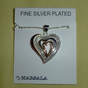 Fine Silver Plated & Gold-Tone Romantic Layered Heart Necklace, 30” Chain, Nwt
